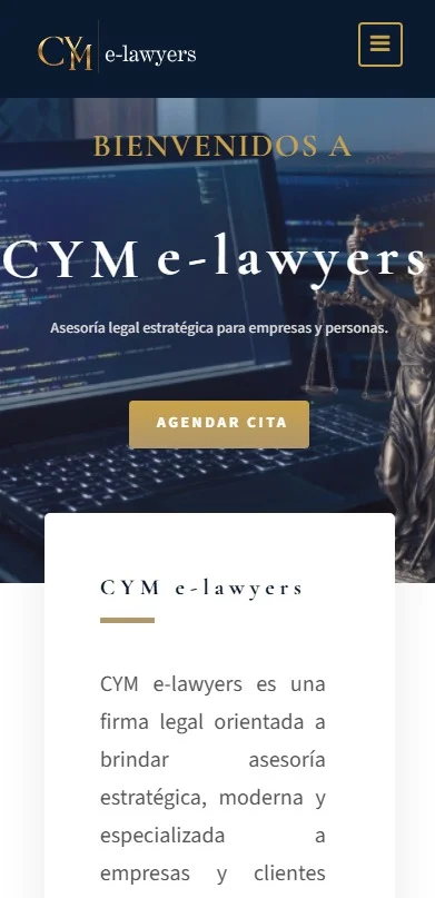 Portada del sitio de CYM e-lawyers en celular